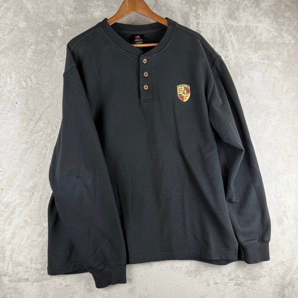 Beimar Porsche Embroidered Henley Sweatshirt Mens Large Black Fleece Pullover